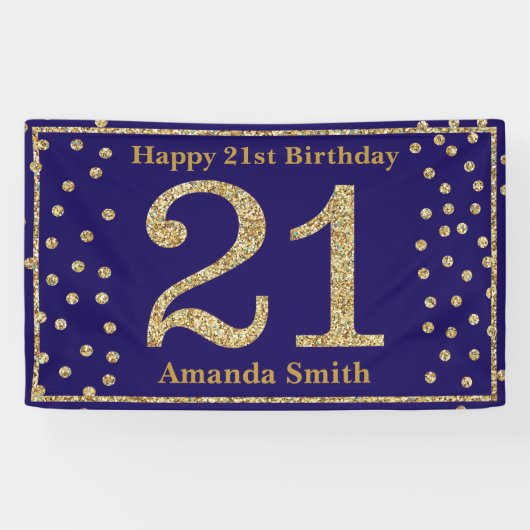 Happy 21ste verjaardag Banner Navy Blue Gold Glitt (Horizontaal)