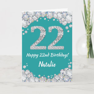 Happy 22e verjaardag Blauwgroen en Silver Glitter  Kaart