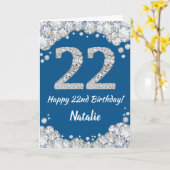 Happy 22e verjaardag Blue en Silver Glitter Card Kaart (Gele Bloem)