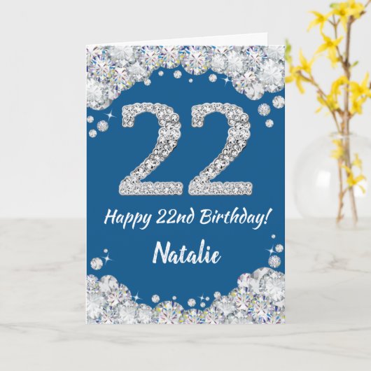 Happy 22e verjaardag Blue en Silver Glitter Card Kaart (Gele Bloem)