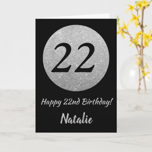 Happy 22e verjaardag zwarte en Silver Glitter-kaar Kaart (Gele Bloem)