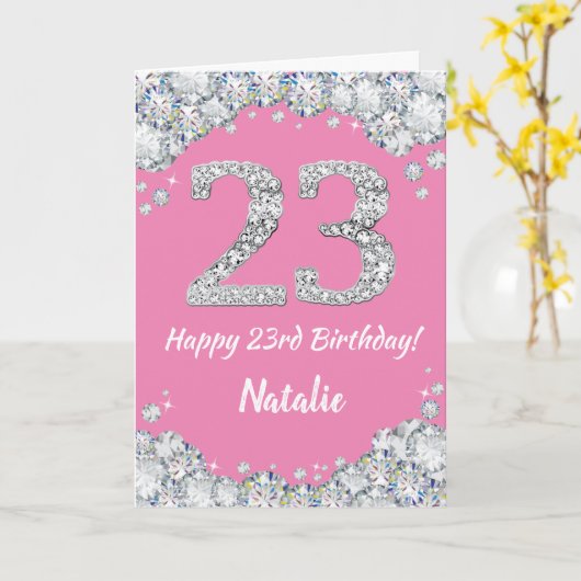 Happy 23rd Birthday Pink en Silver Glitter Card Kaart (Gele Bloem)