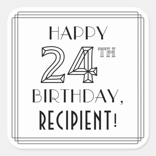 HAPPY 24th BIRTHDAY, Art Deco Style, Custom Name Vierkante Sticker (Voorkant)