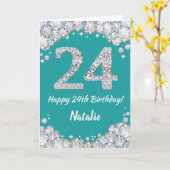 Happy 24th Birthday Blauwgroen en Silver Glitter C Kaart (Gele Bloem)