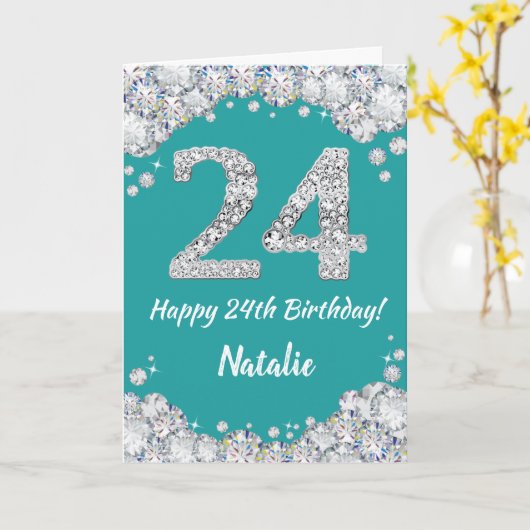 Happy 24th Birthday Blauwgroen en Silver Glitter C Kaart (Gele Bloem)