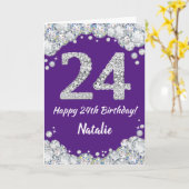 Happy 24th Birthday Paars en Silver Glitter Card Kaart (Gele Bloem)