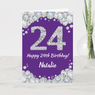 Happy 24th Birthday Paars en Silver Glitter Card Kaart