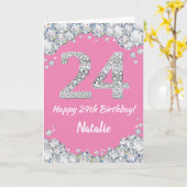Happy 24th Birthday Pink en Silver Glitter Card Kaart (Gele Bloem)