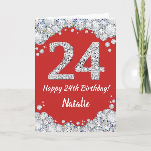 Happy 24th Birthday Red en Silver Glitter Card Kaart (Voorkant)