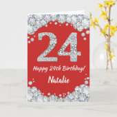 Happy 24th Birthday Red en Silver Glitter Card Kaart (Gele Bloem)