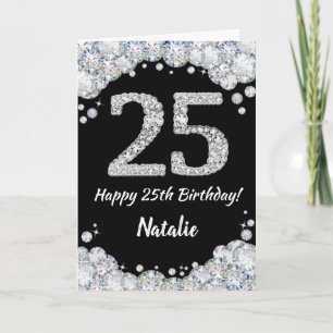 Happy 25th Birthday Black en Silver Glitter Card Kaart