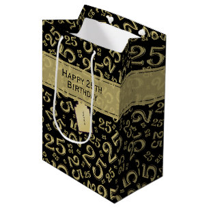 Happy 25th Birthday Black/Gold Number Pattern Medium Cadeauzakje