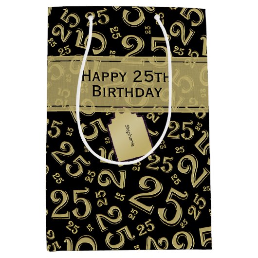 Happy 25th Birthday Black/Gold Number Pattern Medium Cadeauzakje (Voorkant)