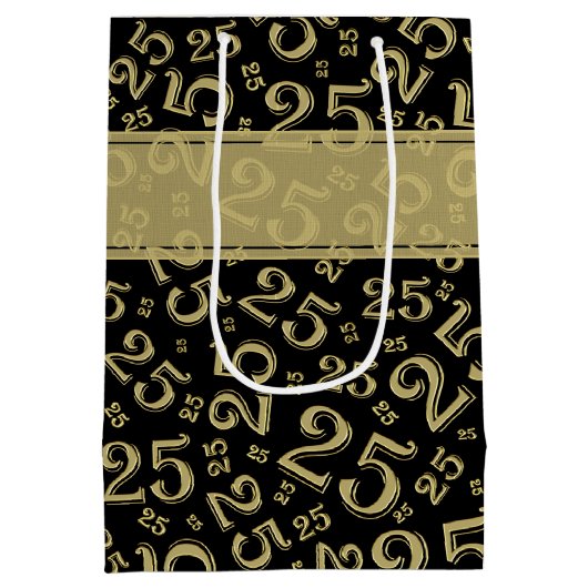 Happy 25th Birthday Black/Gold Number Pattern Medium Cadeauzakje (Achterkant)
