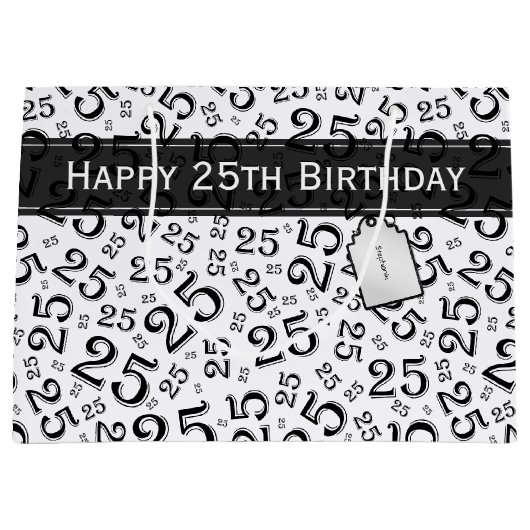 Happy 25th Birthday Black/White Number Pattern Groot Cadeauzakje (Voorkant)