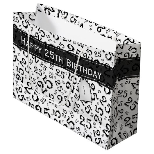 Happy 25th Birthday Black/White Number Pattern Groot Cadeauzakje (Voorkant Gekanteld)