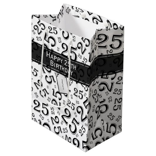 Happy 25th Birthday Black/White Number Pattern Medium Cadeauzakje (Voorkant Gekanteld)