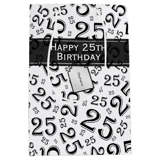 Happy 25th Birthday Black/White Number Pattern Medium Cadeauzakje (Voorkant)