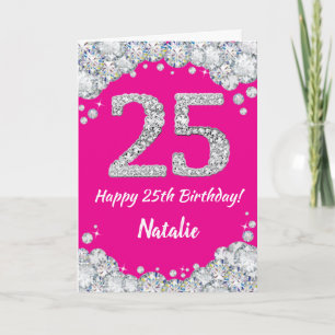 Happy 25th Birthday Hot Pink en Silver Glitter Kaart