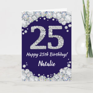 Happy 25th Birthday Navy Blue en Silver Glitter Kaart