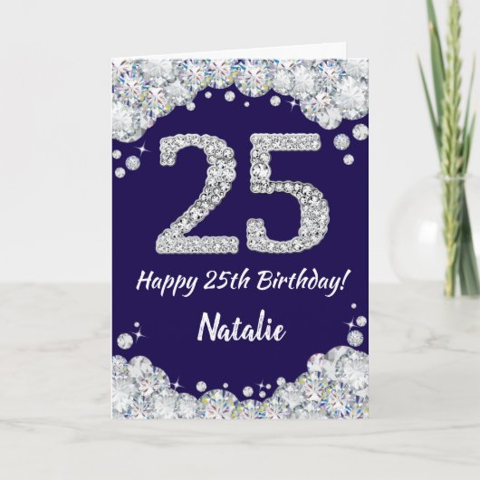 Happy 25th Birthday Navy Blue en Silver Glitter Kaart (Voorkant)