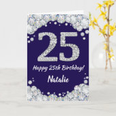 Happy 25th Birthday Navy Blue en Silver Glitter Kaart (Gele Bloem)