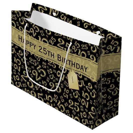 Happy 25th Birthday Number Pattern Black & Gold Groot Cadeauzakje (Voorkant Gekanteld)