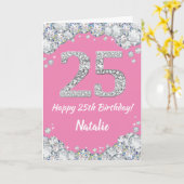 Happy 25th Birthday Pink en Silver Glitter Card Kaart (Gele Bloem)