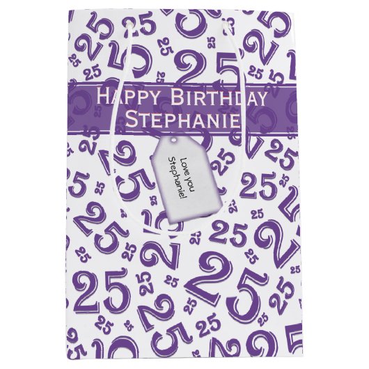 Happy 25th Birthday Random Number Pattern Paars Medium Cadeauzakje (Voorkant)
