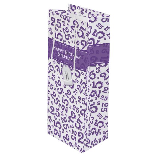 Happy 25th Birthday Random Number Pattern Paars Wijn Cadeautas (Voorkant Gekanteld)