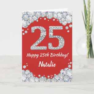 Happy 25th Birthday Red en Silver Glitter Card Kaart