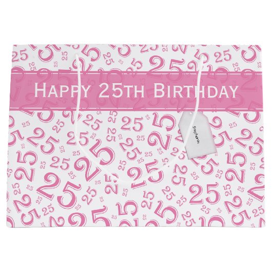 Happy 25th Birthday roze Random Number Pattern Groot Cadeauzakje (Voorkant)
