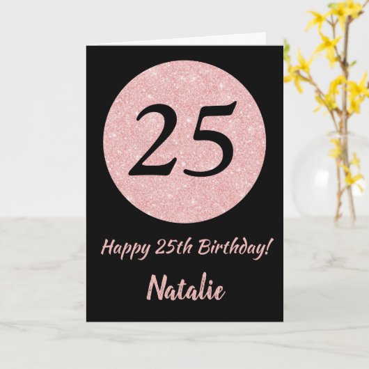 Happy 25th Birthday Zwart en Roos Pink Gold Kaart (Gele Bloem)