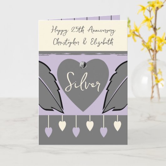 Happy 25th Jubileum voegt namen grijs paars toe Kaart (Gele Bloem)