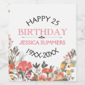 Happy 25th Verjaardag Kleurrijke Bloemen Tekst Sja Wijn Etiket (Enkel label)