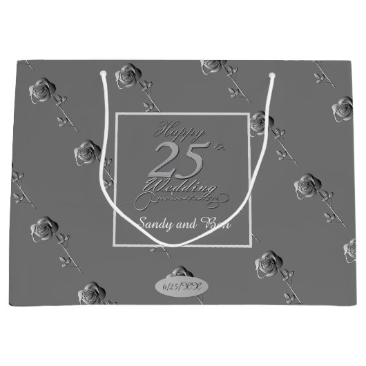 "Happy 25th Wedding Jubileum" 3D Rozen op grijs Groot Cadeauzakje (Voorkant)