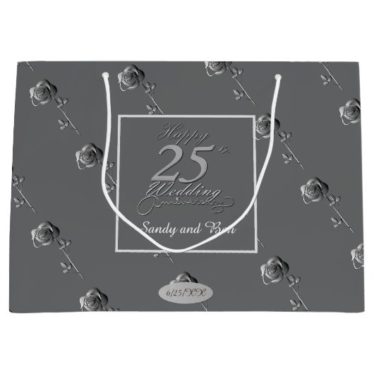 "Happy 25th Wedding Jubileum" 3D Rozen op grijs Groot Cadeauzakje (Voorkant)