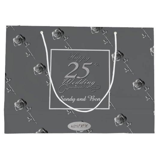 "Happy 25th Wedding Jubileum" 3D Rozen op grijs Groot Cadeauzakje (Achterkant)