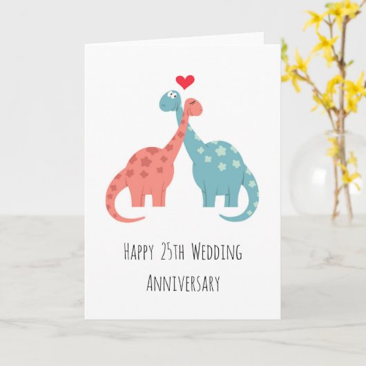 Happy 25th Wedding Jubileum Cute Dinosaurs Kaart (Gele Bloem)