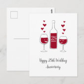 Happy 25th Wedding Jubileum Rode Wijn Hart Kaart (Voorkant / Achterkant)