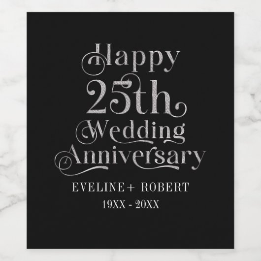 Happy 25th Wedding Jubileum Silver Typografie Wijn Etiket (Enkel label)