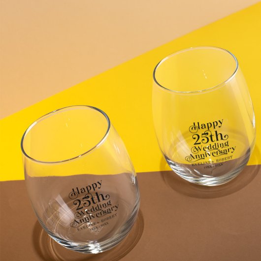Happy 25th Wedding Jubileum Zwart Typografie Wijnglas Zonder Voet