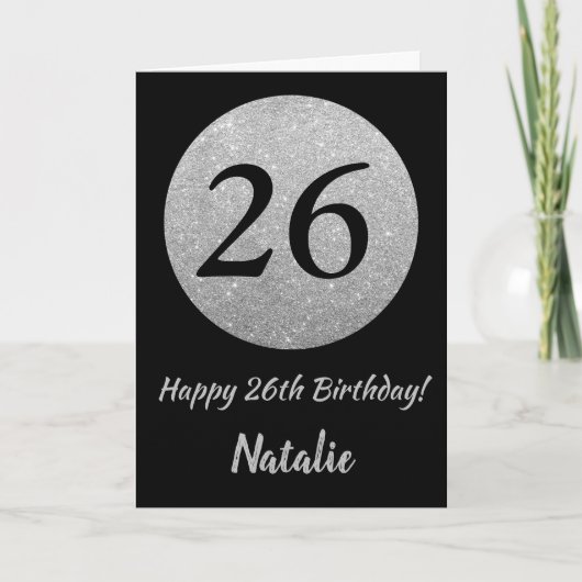 Happy 26th Birthday Black en Silver Glitter Card Kaart (Voorkant)