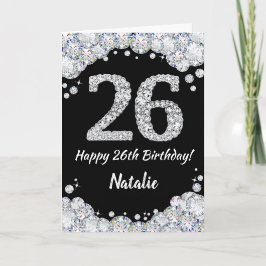 Happy 26th Birthday Black en Silver Glitter Card Kaart (Voorkant)