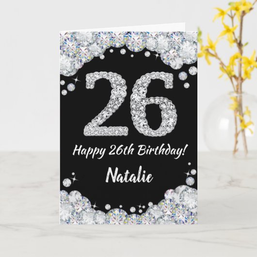 Happy 26th Birthday Black en Silver Glitter Card Kaart (Gele Bloem)
