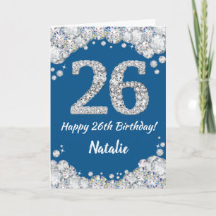 Happy 26th Birthday Blue en Silver Glitter Card Kaart