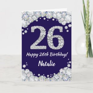 Happy 26th Birthday Navy Blue en Silver Glitter Kaart