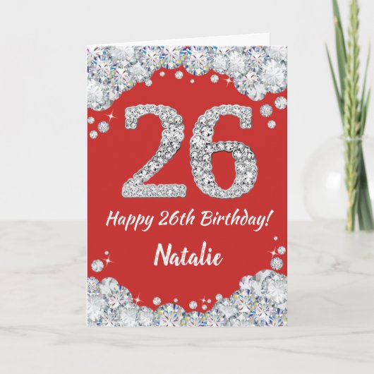 Happy 26th Birthday Red en Silver Glitter Card Kaart (Voorkant)