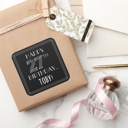 HAPPY 27TH BIRTHDAY; Art Deco Style; aangepaste na Vierkante Sticker (Geschenken)