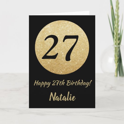 Happy 27th Birthday Black en Gold Glitter Card Kaart (Voorkant)
